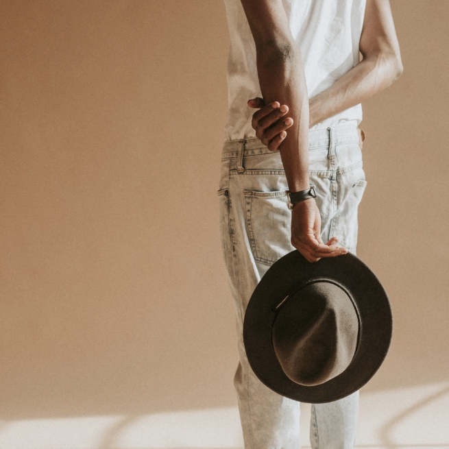 Black male model with fedora hat